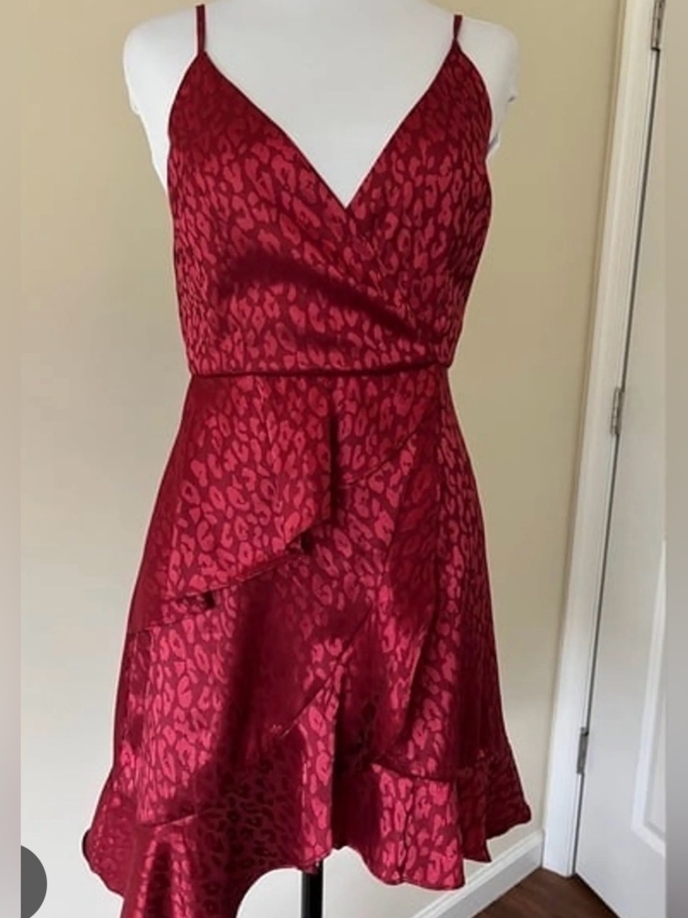 Altar’s State Burgundy Satin Leopard Jacquard Wrap Ruffle Mini Dress XS Cocktail